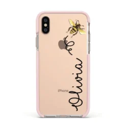 Bee In Flight Personalised Name IPhone Case -CaseCraze Store Bee in Flight Personalised Name Apple iPhone Xs Impact Case Pink Edge on Gold Phone