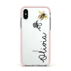 Bee In Flight Personalised Name IPhone Case -CaseCraze Store Bee in Flight Personalised Name Apple iPhone Xs Impact Case Pink Edge on Silver Phone