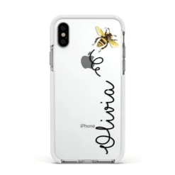 Bee In Flight Personalised Name IPhone Case -CaseCraze Store Bee in Flight Personalised Name Apple iPhone Xs Impact Case White Edge on Silver Phone