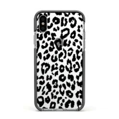 Black Leopard Print IPhone Case -CaseCraze Store Black Leopard Print Apple iPhone Xs Impact Case Black Edge on Silver Phone