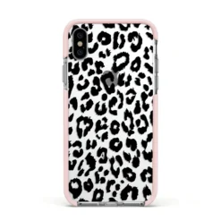 Black Leopard Print IPhone Case -CaseCraze Store Black Leopard Print Apple iPhone Xs Impact Case Pink Edge on Silver Phone