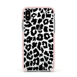Black & White Leopard Print IPhone Case -CaseCraze Store Black White Leopard Print Apple iPhone Xs Impact Case Pink Edge on Silver Phone
