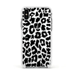 Black & White Leopard Print IPhone Case -CaseCraze Store Black White Leopard Print Apple iPhone Xs Impact Case White Edge on Silver Phone
