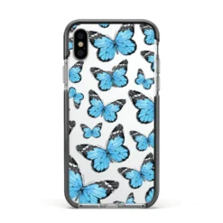 Blue Butterfly IPhone Case -CaseCraze Store Blue Butterfly Apple iPhone Xs Impact Case Black Edge on Silver Phone