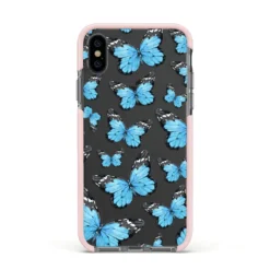 Blue Butterfly IPhone Case -CaseCraze Store Blue Butterfly Apple iPhone Xs Impact Case Pink Edge on Black Phone