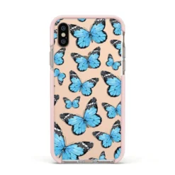 Blue Butterfly IPhone Case -CaseCraze Store Blue Butterfly Apple iPhone Xs Impact Case Pink Edge on Gold Phone