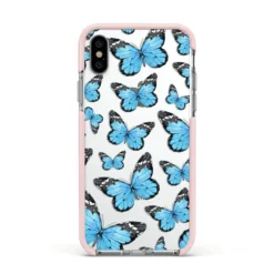 Blue Butterfly IPhone Case -CaseCraze Store Blue Butterfly Apple iPhone Xs Impact Case Pink Edge on Silver Phone