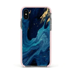 Blue Lagoon Marble IPhone Case -CaseCraze Store Blue Lagoon Marble Apple iPhone Xs Impact Case Pink Edge on Black Phone