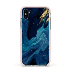 Blue Lagoon Marble IPhone Case -CaseCraze Store Blue Lagoon Marble Apple iPhone Xs Impact Case Pink Edge on Silver Phone
