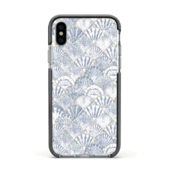Blue Seashell Pattern IPhone Case -CaseCraze Store Blue Seashell Pattern Apple iPhone Xs Impact Case Black Edge on Silver Phone