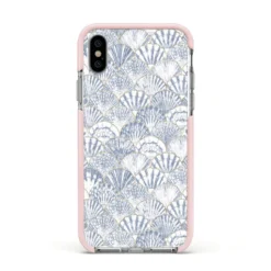 Blue Seashell Pattern IPhone Case -CaseCraze Store Blue Seashell Pattern Apple iPhone Xs Impact Case Pink Edge on Silver Phone