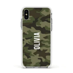 Customised Camouflage IPhone Case -CaseCraze Store Customised Camouflage Apple iPhone Xs Impact Case White Edge on Silver Phone