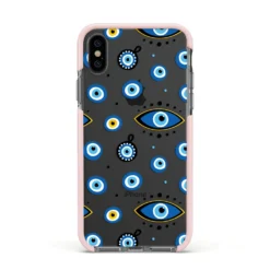 Evil Eye Protection Pattern IPhone Case -CaseCraze Store Evil Eye Protection Pattern Apple iPhone Xs Impact Case Pink Edge on Black Phone