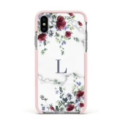 Floral Marble Monogram Personalised IPhone Case -CaseCraze Store Floral Marble Monogram Personalised Apple iPhone Xs Impact Case Pink Edge on Silver Phone
