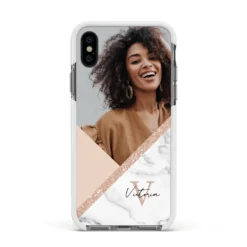 Geometric Marble Photo Upload IPhone Case -CaseCraze Store Geometric Marble Photo Upload Apple iPhone Xs Impact Case White Edge on Black Phone