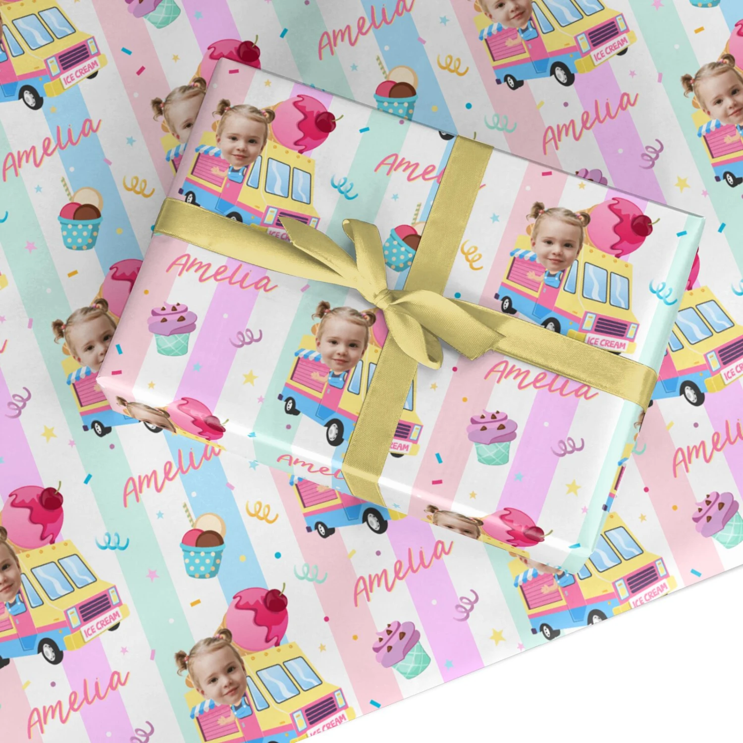 Girls Personalised Ice Cream Cart Wrapping Paper 1 Girls Personalised Ice Cream Cart Wrapping Paper