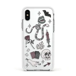 Halloween Spooky Stickers IPhone Case 35 Halloween Spooky Stickers IPhone Case -CaseCraze Store Halloween Spooky Stickers Apple iPhone Xs Impact Case White Edge on Silver Phone