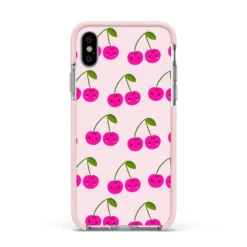 Happy Cherry IPhone Case -CaseCraze Store Happy Cherry Apple iPhone Xs Impact Case Pink Edge on Silver Phone