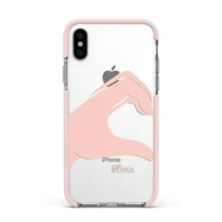 Left Hand In Half Heart With Name IPhone Case 38 Left Hand In Half Heart With Name IPhone Case -CaseCraze Store Left Hand in Half Heart with Name Apple iPhone Xs Impact Case Pink Edge on Silver Phone