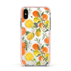 Lemons And Oranges IPhone Case -CaseCraze Store Lemons and Oranges Apple iPhone Xs Impact Case Pink Edge on Silver Phone
