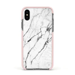 Marble White IPhone Case -CaseCraze Store Marble White Apple iPhone Xs Impact Case Pink Edge on Black Phone