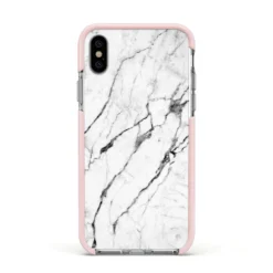 Marble White IPhone Case -CaseCraze Store Marble White Apple iPhone Xs Impact Case Pink Edge on Silver Phone