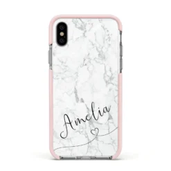 Marble With Custom Name IPhone Case -CaseCraze Store Marble with Custom Name Apple iPhone Xs Impact Case Pink Edge on Silver Phone