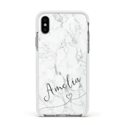 Marble With Custom Name IPhone Case -CaseCraze Store Marble with Custom Name Apple iPhone Xs Impact Case White Edge on Silver Phone