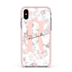 Monogrammed Rose Gold Marble IPhone Case -CaseCraze Store Monogrammed Rose Gold Marble Apple iPhone Xs Impact Case Pink Edge on Silver Phone b18ff82c 84d7 4e63 a1c2 b10e1201106a