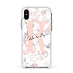Monogrammed Rose Gold Marble IPhone Case -CaseCraze Store Monogrammed Rose Gold Marble Apple iPhone Xs Impact Case White Edge on Silver Phone a5d2a851 6b69 4a2b 8298 6810921c072c