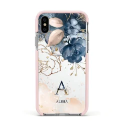 Monogrammed Watercolour Flower Elements IPhone Case -CaseCraze Store Monogrammed Watercolour Flower Elements Apple iPhone Xs Impact Case Pink Edge on Silver Phone
