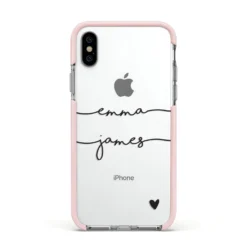Personalised Black Couples Two Names Heart Apple IPhone Case -CaseCraze Store Personalised Black Couples Two Names Heart Apple iPhone Xs Impact Case Pink Edge on Silver Phone