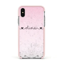 Personalised Faux Glitter & Marble Name Apple IPhone Case -CaseCraze Store Personalised Faux Glitter Marble Name Apple iPhone Xs Impact Case Pink Edge on Silver Phone