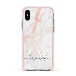 Personalised Initial Pink Marble IPhone Case -CaseCraze Store Personalised Initial Pink Marble Apple iPhone Xs Impact Case Pink Edge on Silver Phone