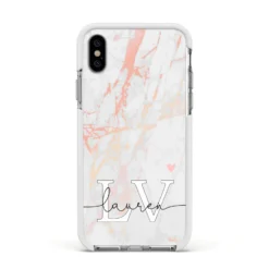 Personalised Initial Pink Marble IPhone Case -CaseCraze Store Personalised Initial Pink Marble Apple iPhone Xs Impact Case White Edge on Silver Phone
