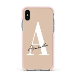 Personalised Nude Colour Initial IPhone Case -CaseCraze Store Personalised Nude Colour Initial Apple iPhone Xs Impact Case Pink Edge on Silver Phone