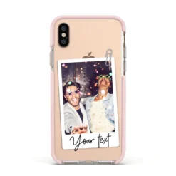 Personalised Photo With Text IPhone Case -CaseCraze Store Personalised Photo with Text Apple iPhone Xs Impact Case Pink Edge on Gold Phone