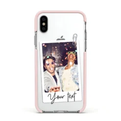 Personalised Photo With Text IPhone Case -CaseCraze Store Personalised Photo with Text Apple iPhone Xs Impact Case Pink Edge on Silver Phone