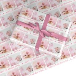Personalised Pink 1st Birthday Print With Photo And Name Wrapping Paper