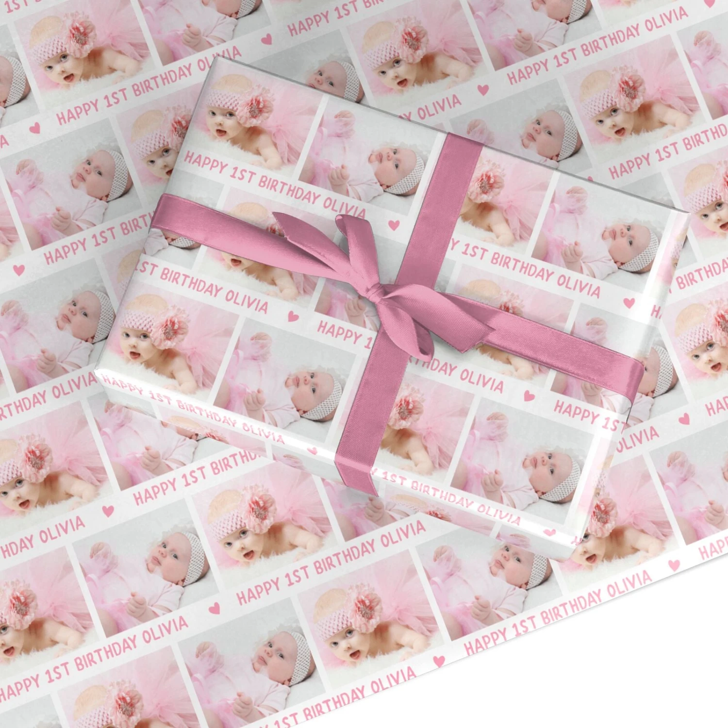 Personalised Pink 1st Birthday Print With Photo And Name Wrapping Paper 1 Personalised Pink 1st Birthday Print With Photo And Name Wrapping Paper