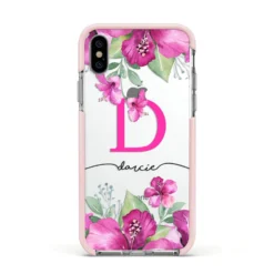 Personalised Pink Lilies IPhone Case -CaseCraze Store Personalised Pink Lilies Apple iPhone Xs Impact Case Pink Edge on Silver Phone