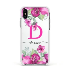 Personalised Pink Lilies IPhone Case -CaseCraze Store Personalised Pink Lilies Apple iPhone Xs Impact Case White Edge on Silver Phone