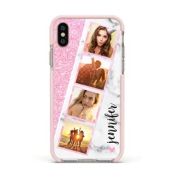Personalised Pink Marble Photo Strip IPhone Case -CaseCraze Store Personalised Pink Marble Photo Strip Apple iPhone Xs Impact Case Pink Edge on Gold Phone