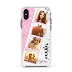 Personalised Pink Marble Photo Strip IPhone Case -CaseCraze Store Personalised Pink Marble Photo Strip Apple iPhone Xs Impact Case White Edge on Black Phone