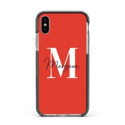 Personalised Red Name And Initial IPhone Case 38 Personalised Red Name And Initial IPhone Case -CaseCraze Store Personalised Red Name and Initial Apple iPhone Xs Impact Case Black Edge on Silver Phone