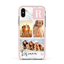 Personalised Three Photo Marble Name IPhone Case -CaseCraze Store Personalised Three Photo Marble Name Apple iPhone Xs Impact Case Pink Edge on Silver Phone