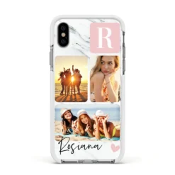 Personalised Three Photo Marble Name IPhone Case -CaseCraze Store Personalised Three Photo Marble Name Apple iPhone Xs Impact Case White Edge on Silver Phone