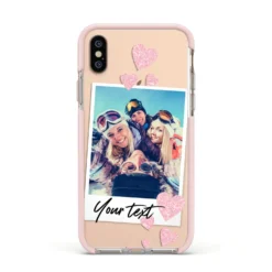 Photo With Text IPhone Case -CaseCraze Store Photo with Text Apple iPhone Xs Impact Case Pink Edge on Gold Phone
