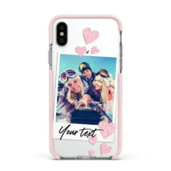 Photo With Text IPhone Case -CaseCraze Store Photo with Text Apple iPhone Xs Impact Case Pink Edge on Silver Phone