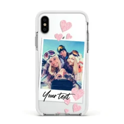 Photo With Text IPhone Case -CaseCraze Store Photo with Text Apple iPhone Xs Impact Case White Edge on Silver Phone